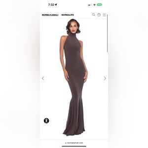 Brown Norma Kamali halter turtle fishtail gown